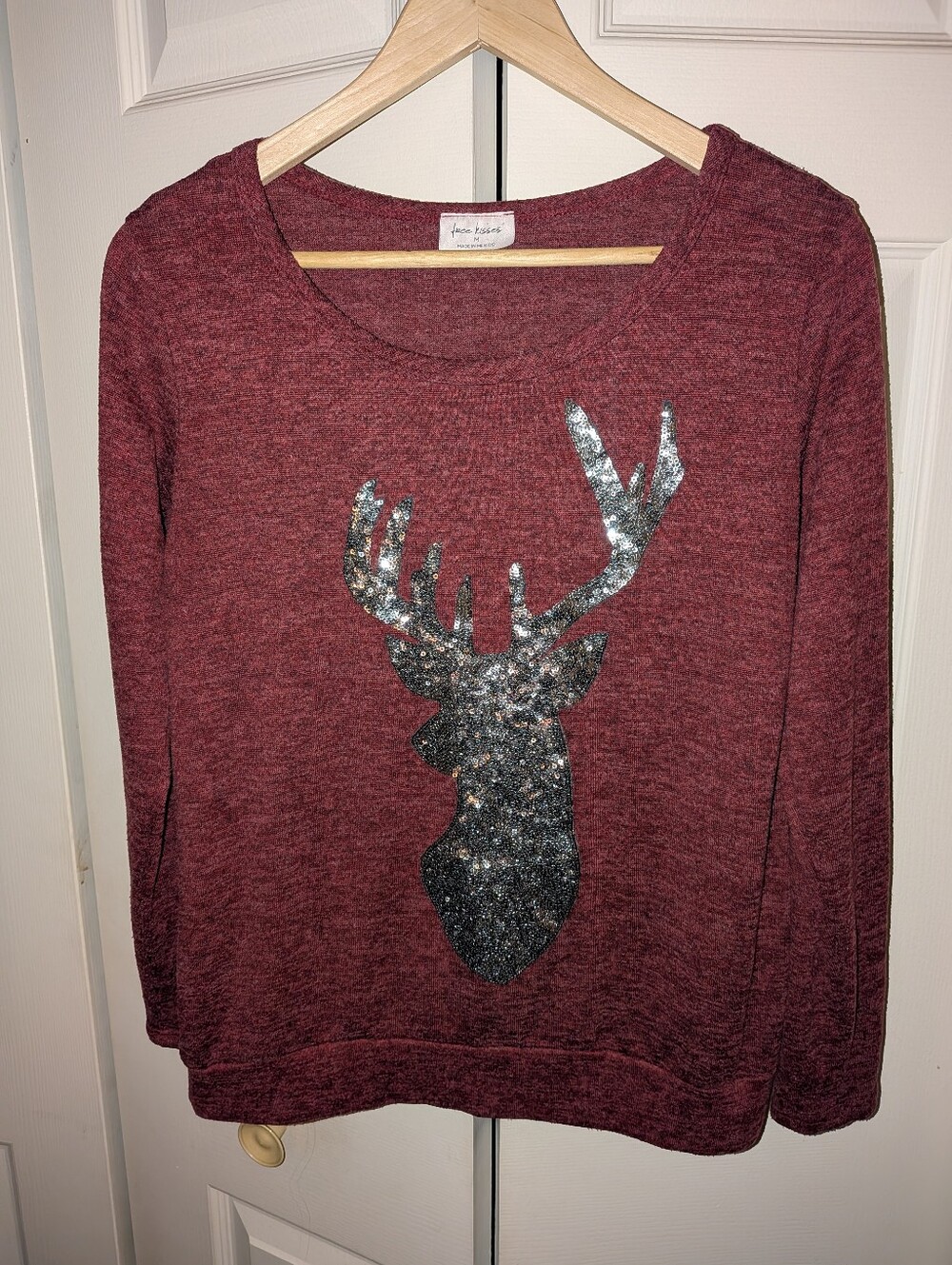 Free Kisses Burgundy Crewneck Sweater with Silver Sequin Stag